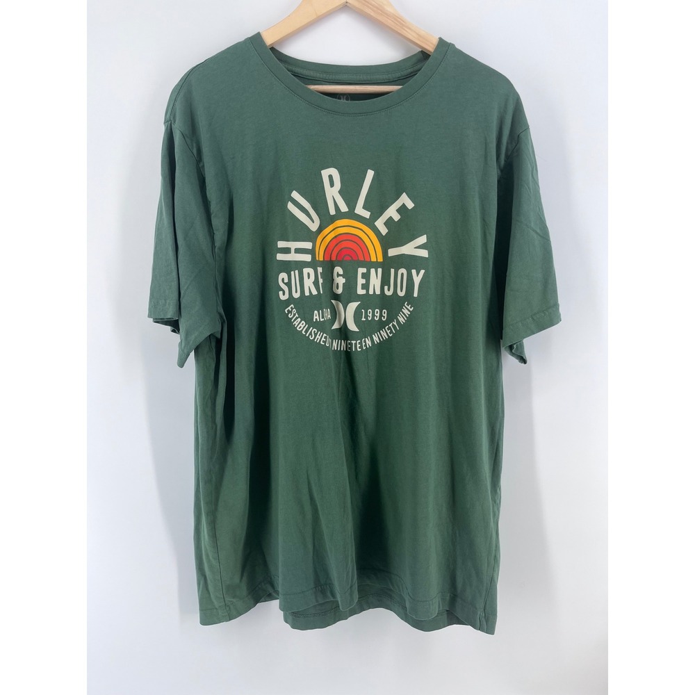 Hurley Mens XXL Green Surf & Enjoy Graphic T-Shirt Short Sleeve Tee Casual Basic